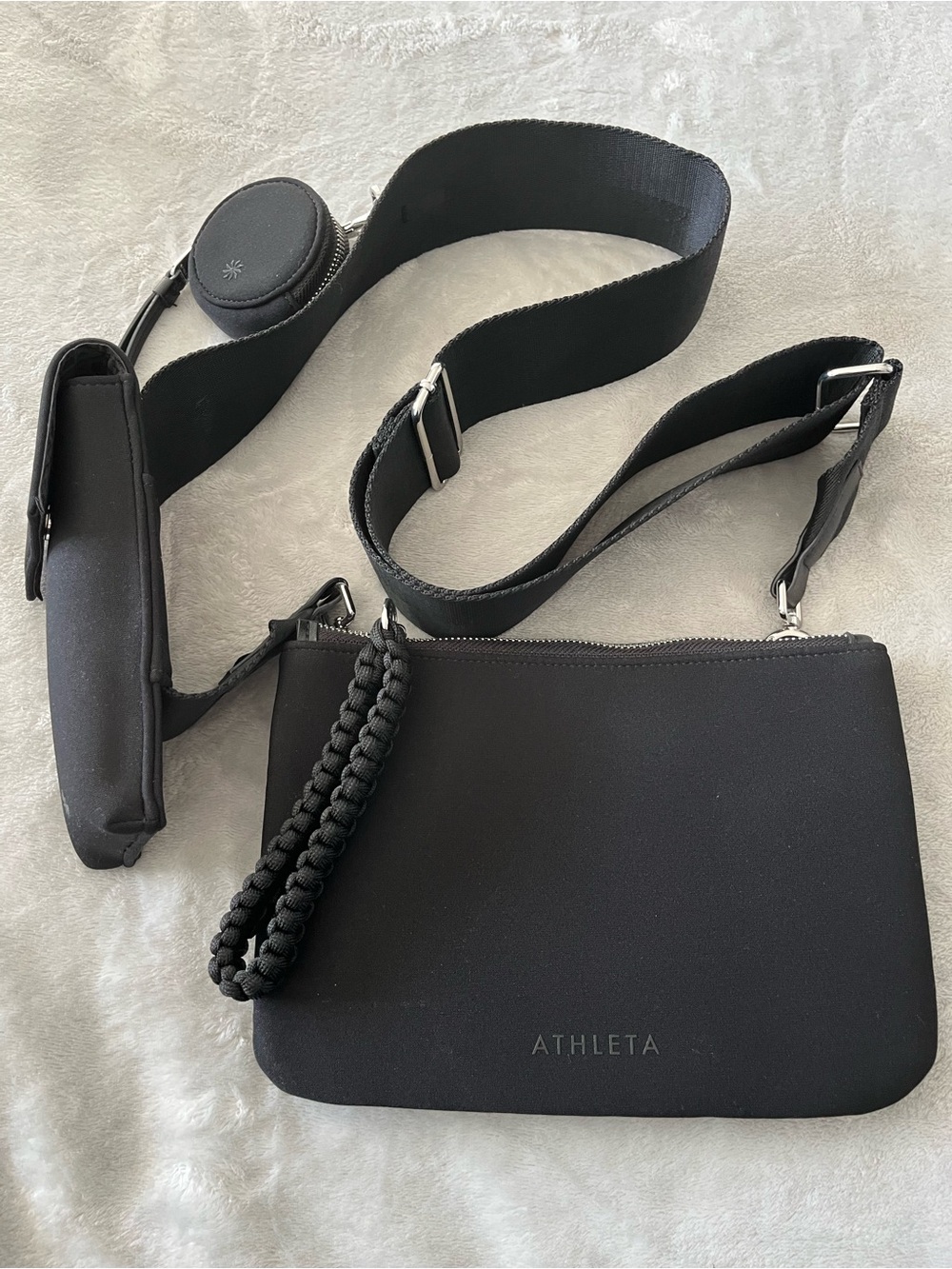 Athleta Black Neoprene Crossbody with Braided Wristlet